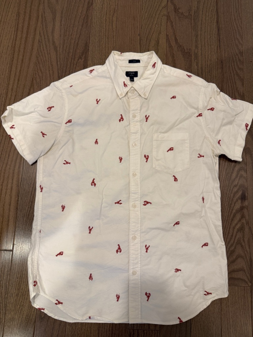 Men's J. Crew Short-Sleeve White Shirt with Red Lobster 🦞 Embroidery